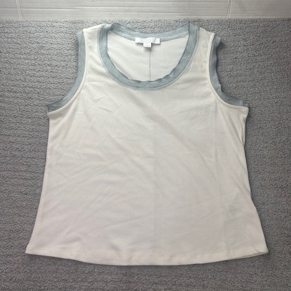 Bunulu Tank Top Ribbed Contrast Trim White Green Large Minimalist Casual Basic
